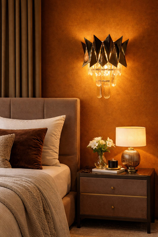 HDC Gold Mirror Finish LED Wall Sconce with Hanging Crystal Droplets For Living Room