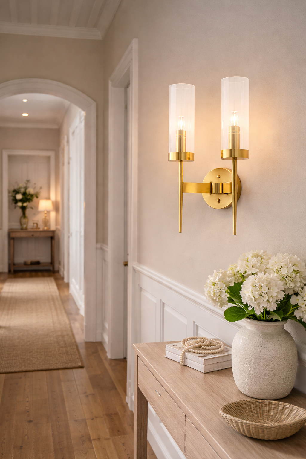 HDC 2 Light Gold Clear Glass Long Wall Light - Warm White