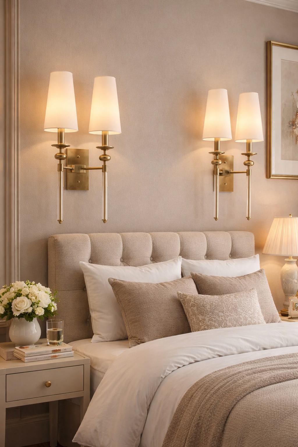 Hdc Antique Metal Wall Light Double Sided Electroplated Brushed Brass Fabric Shade - Warm White