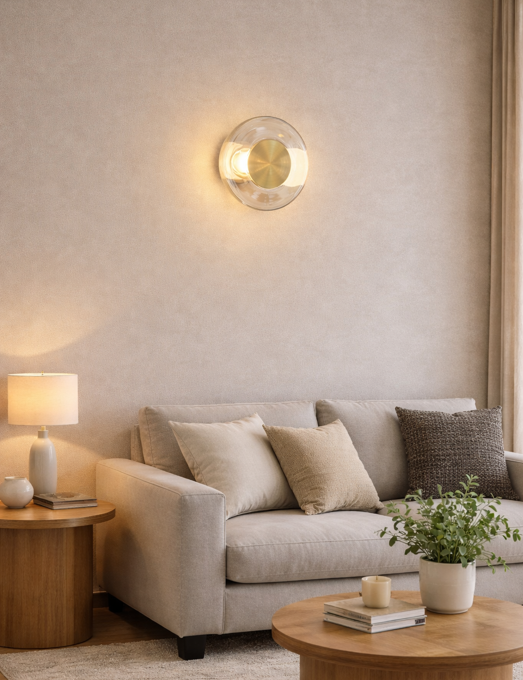 HDC Modern Amber/Smoke Glass Wall Light with Brass Finish for Living Room & Bedroom