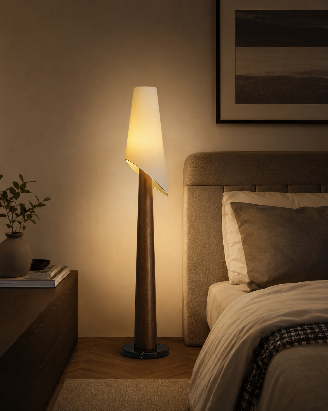 HDC Modern Wooden Fabric Floor Lamp for Bedroom, Living Room