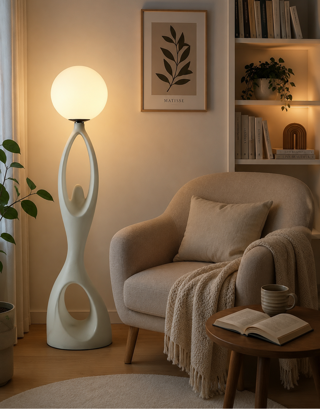 HDC Modern Sculptural Floor Lamp with Frosted Globe Shade for Bedroom, Living Room