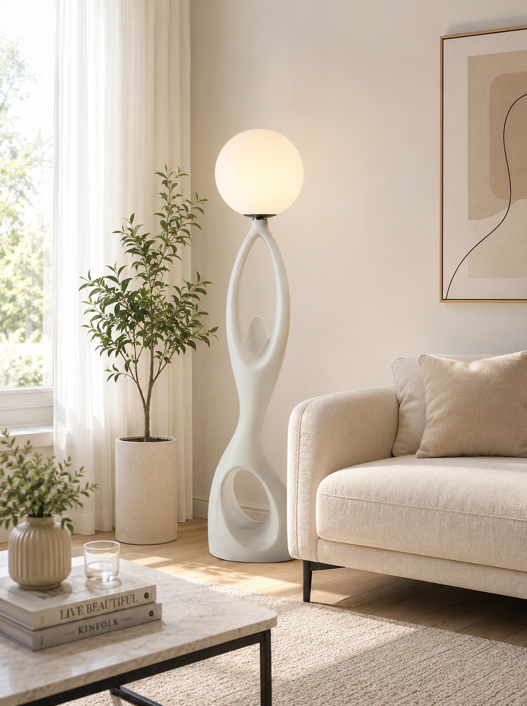 HDC Modern Sculptural Floor Lamp with Frosted Globe Shade for Bedroom, Living Room