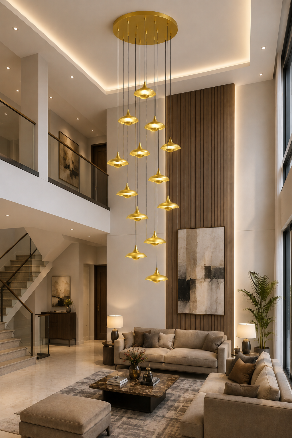 HDC Modern 12 Light Golden Acrylic Multi-Light LED Chandelier for Double Height Living Room, Staircase