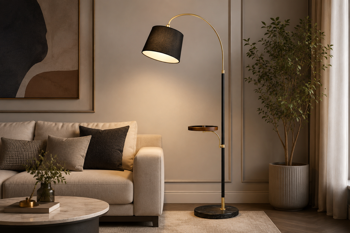 HDC Modern Black & Gold Arc Floor Lamp with Side Table & Wireless Charging