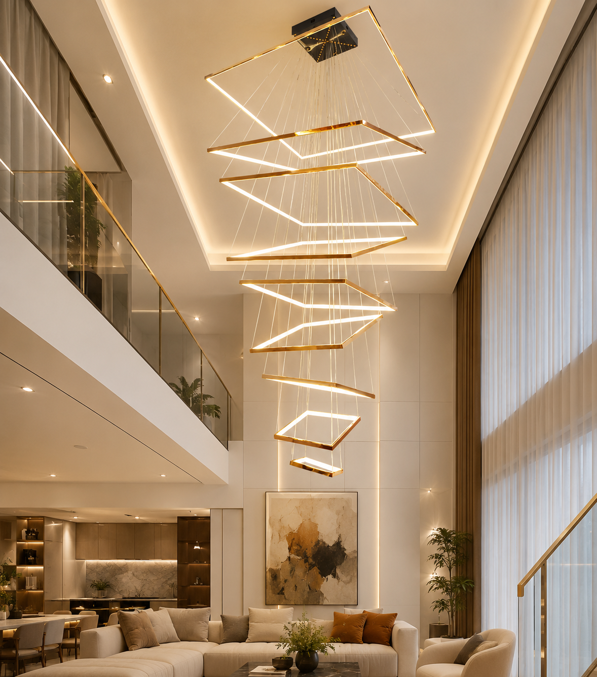 HDC Modern 9 Lights Gold Body Geometric LED Double Height Chandelier for Duplex Staircase, Double Height Living Room