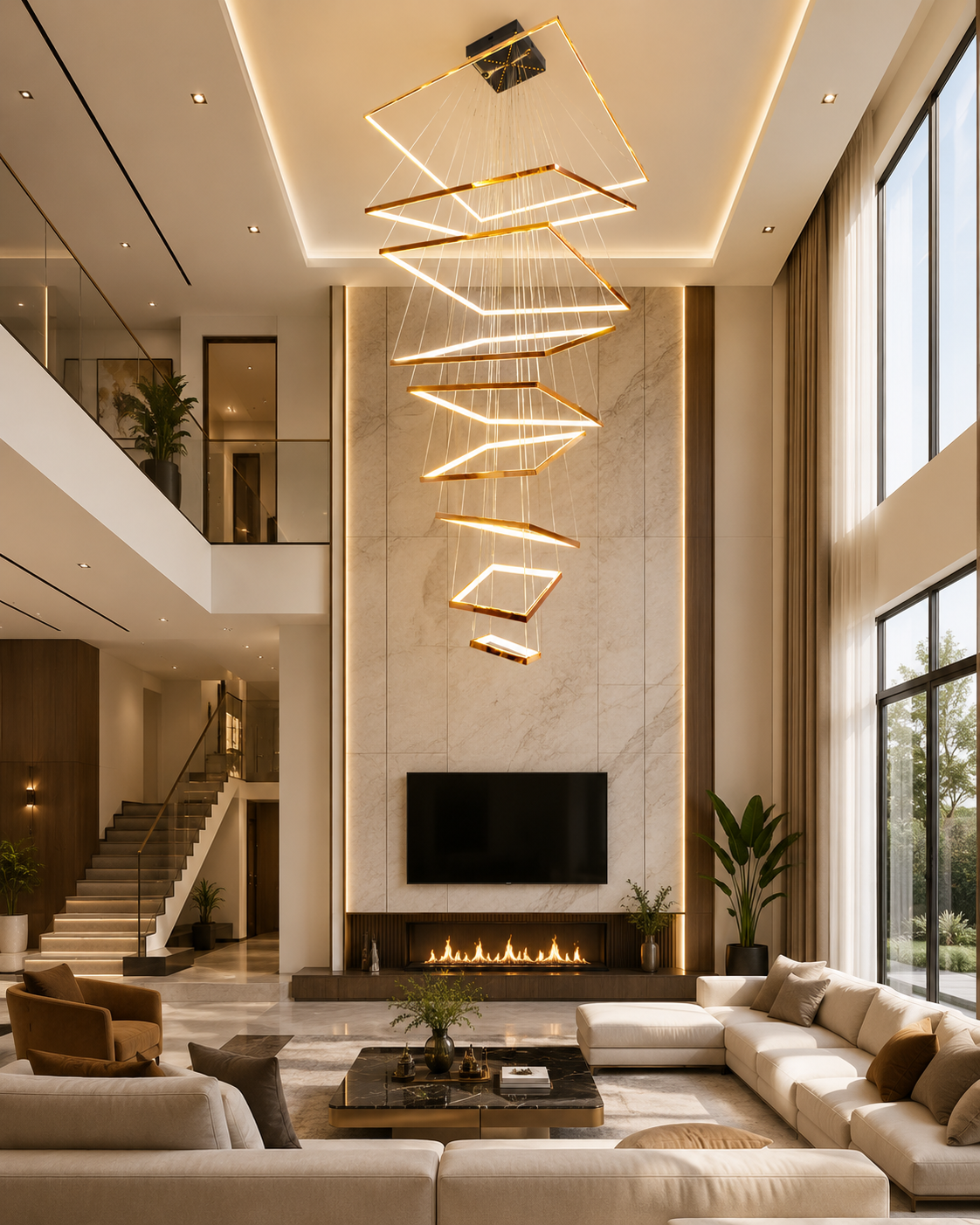 HDC Modern 9 Lights Gold Body Geometric LED Double Height Chandelier for Duplex Staircase, Double Height Living Room