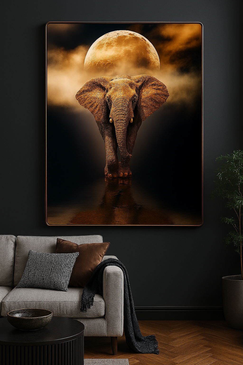 Hdc Modern Majestic Elephant Moonlight Canvas Crystal Painting Home Decor