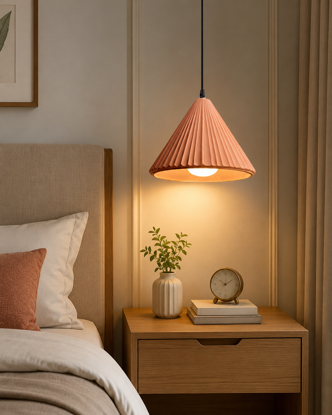 HDC Modern Ribbed Concrete Pendant Light for Bedroom, Living Room