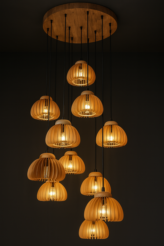 HDC E27 Wooden Pendant Light with Wooden Lampshade and Pumpkin Shape Height Adjustable Middle Size Ceiling Chandelier