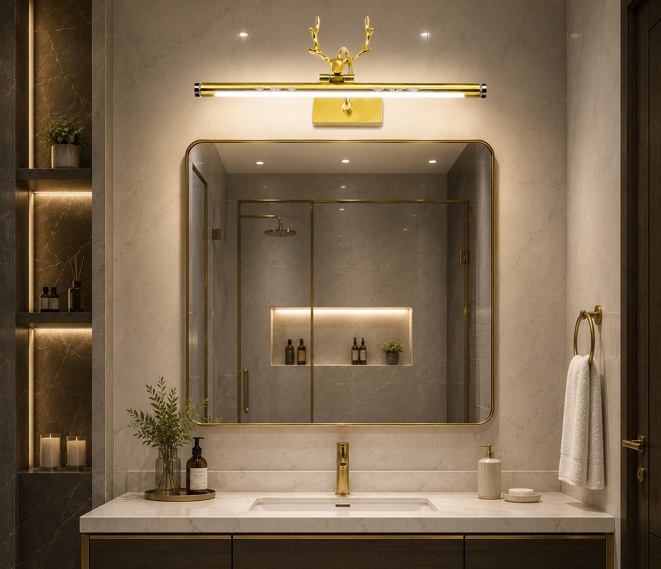 HDC Luxury Gold Deer LED Mirror Wall Light for Washroom, Vanity Area