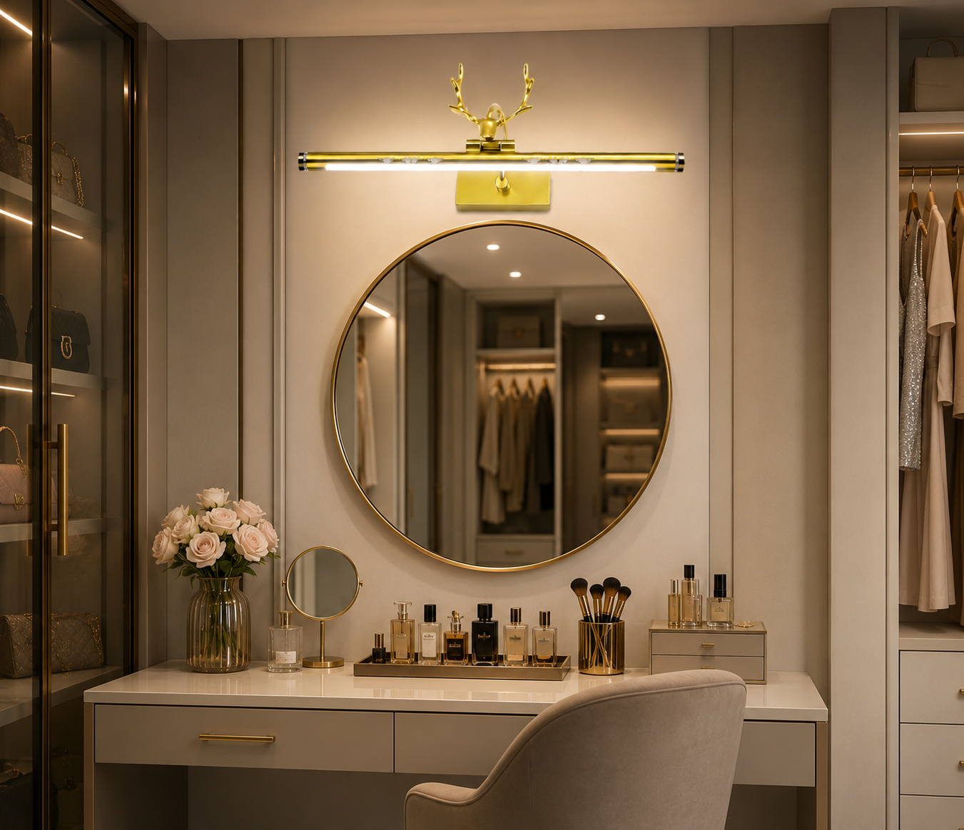 HDC Luxury Gold Deer LED Mirror Wall Light for Washroom, Vanity Area