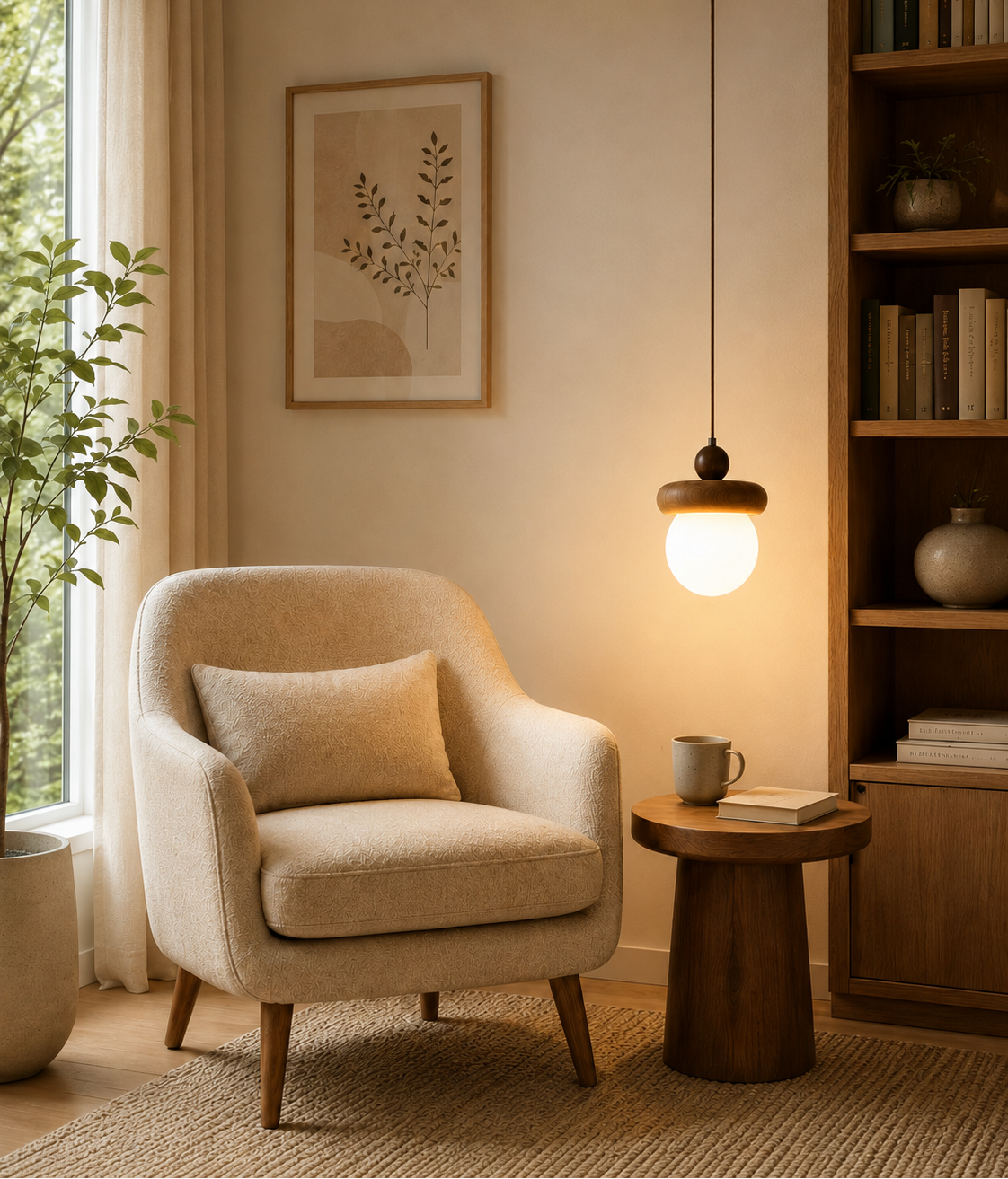 HDC Modern Wooden Globe Pendant Light for Bedroom, Living Room