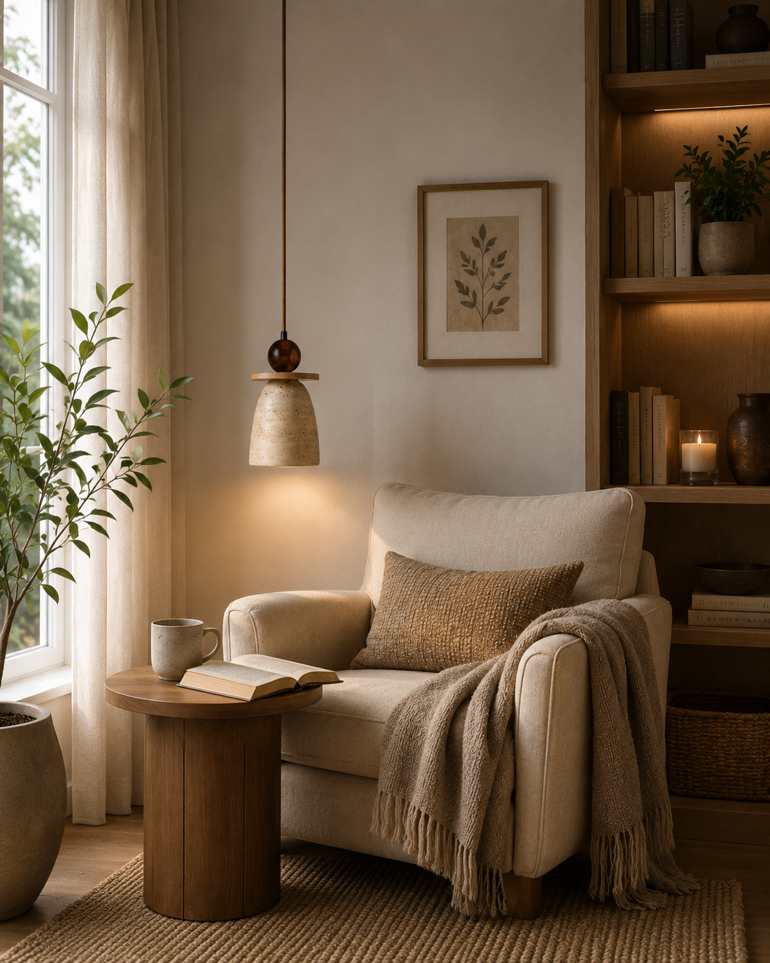 HDC Modern Ceramic Pendant Light with Wooden Accent for Bedroom, Living Room