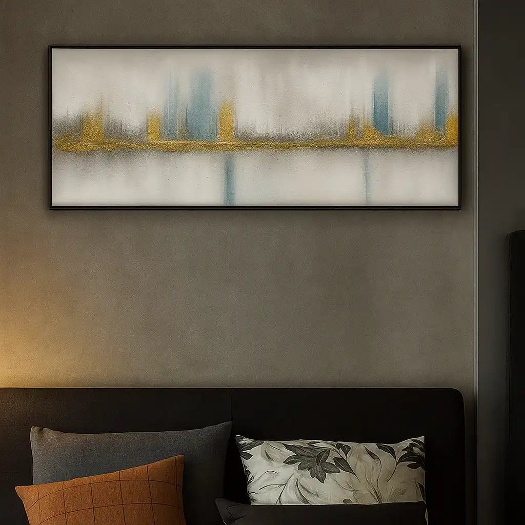 HDC Handcrafted Beautiful Design Painting Of Minimalist Canvas is Predominantly Shades of White and Gray, with Interspersed Areas of Muted Teal Blue and Gold Flecks or Accents