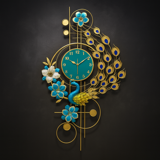 Hdc Peacock Metal Wall Clock - Blue Dial, Face is Teal or Turquoise Green 100cm x 60cm
