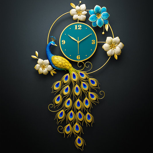 Hdc Peacock Metal Wall Clock - Vintage Design, Golden Hue Decorated With Flowers and Slient Clock