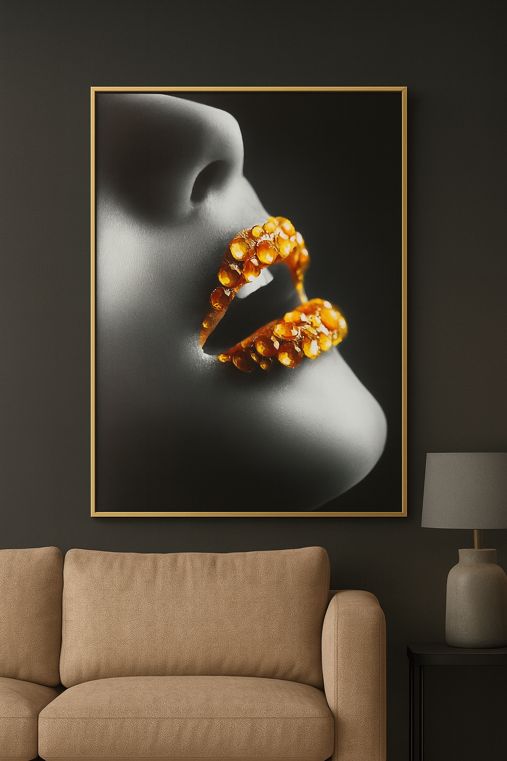 Hdc Golden Makeup Woman Lips with Gems Portraits Aesthetic Wall Art Poster for Living Room, Home & Wall Decor