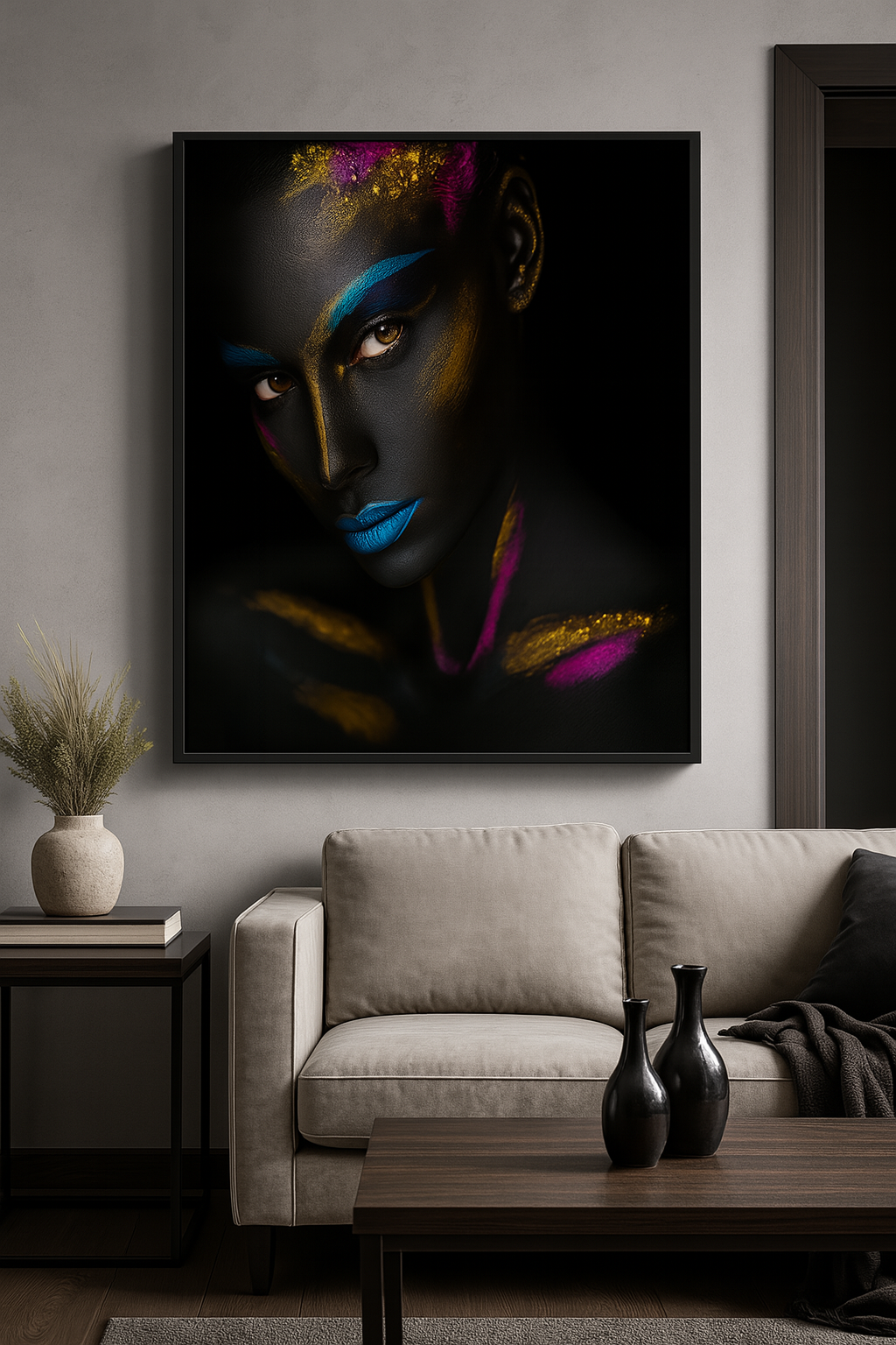 Hdc Abstract Decor Prints Art Craft Modern Home Paintings African Woman Adorned With Striking Black and Blue Makeup Wall Art