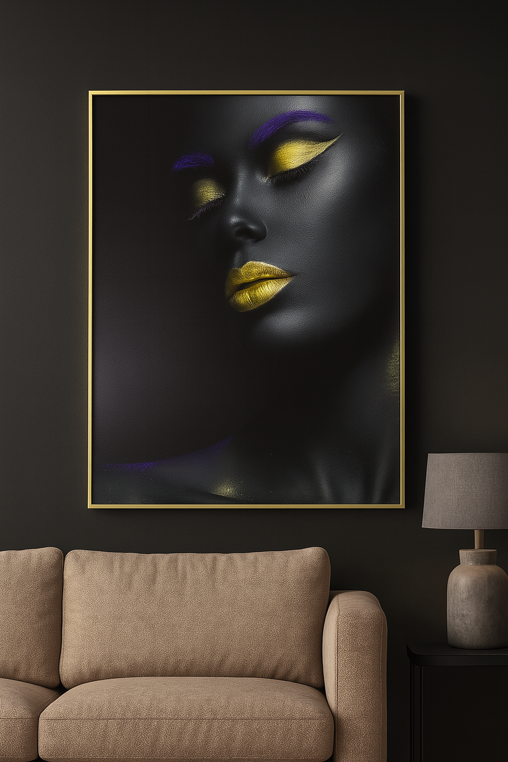 Hdc Sexy Gold Lip Closed Eye Black Woman Figure Canvas Painting Wall Art Posters for Living Room Home Wall Decor