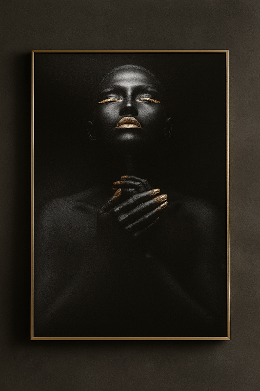 Hdc African American Beauty Portrait Canvas Wall Art, Modern Black & Gold Abstract Prints for Home Decor
