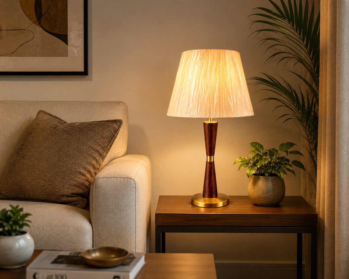 HDC Luxury Wooden Finish Table Lamp with Fabric Shade for Bedside & Living Room Lamp