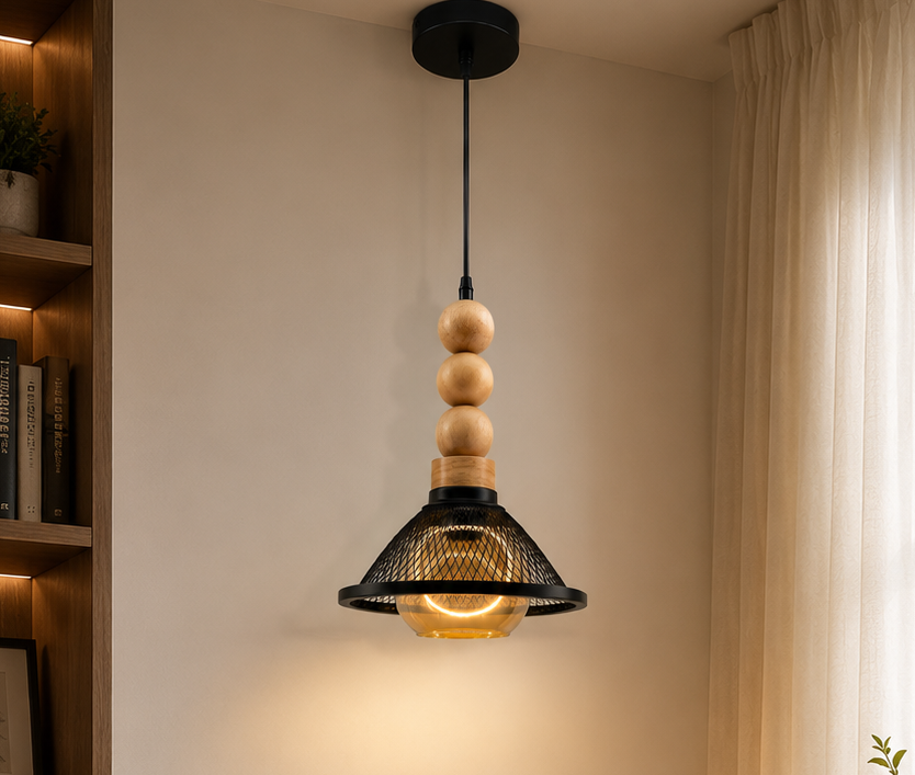 Ojaro Rustic Wooden Mesh Pendant Light for Bedroom, Living Room