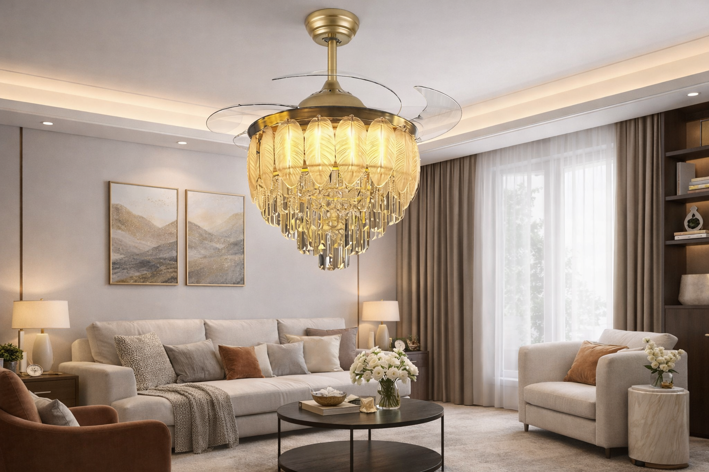 HDC 42 Inches Luxury Crystal Ceiling Fan Chandelier with Leaf Design