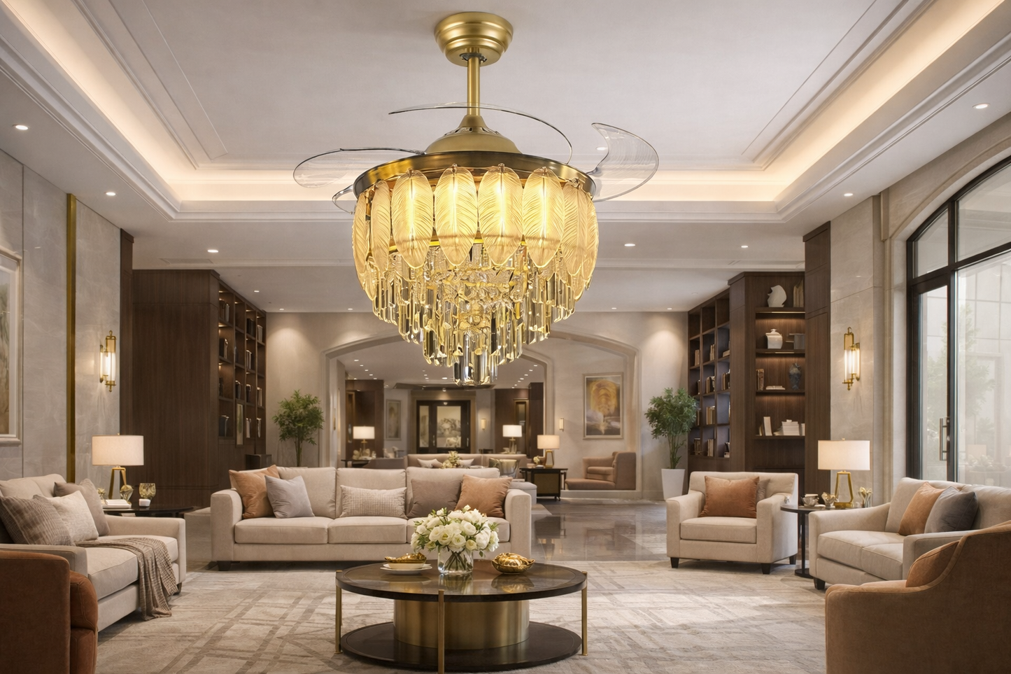 HDC 42 Inches Luxury Crystal Ceiling Fan Chandelier with Leaf Design