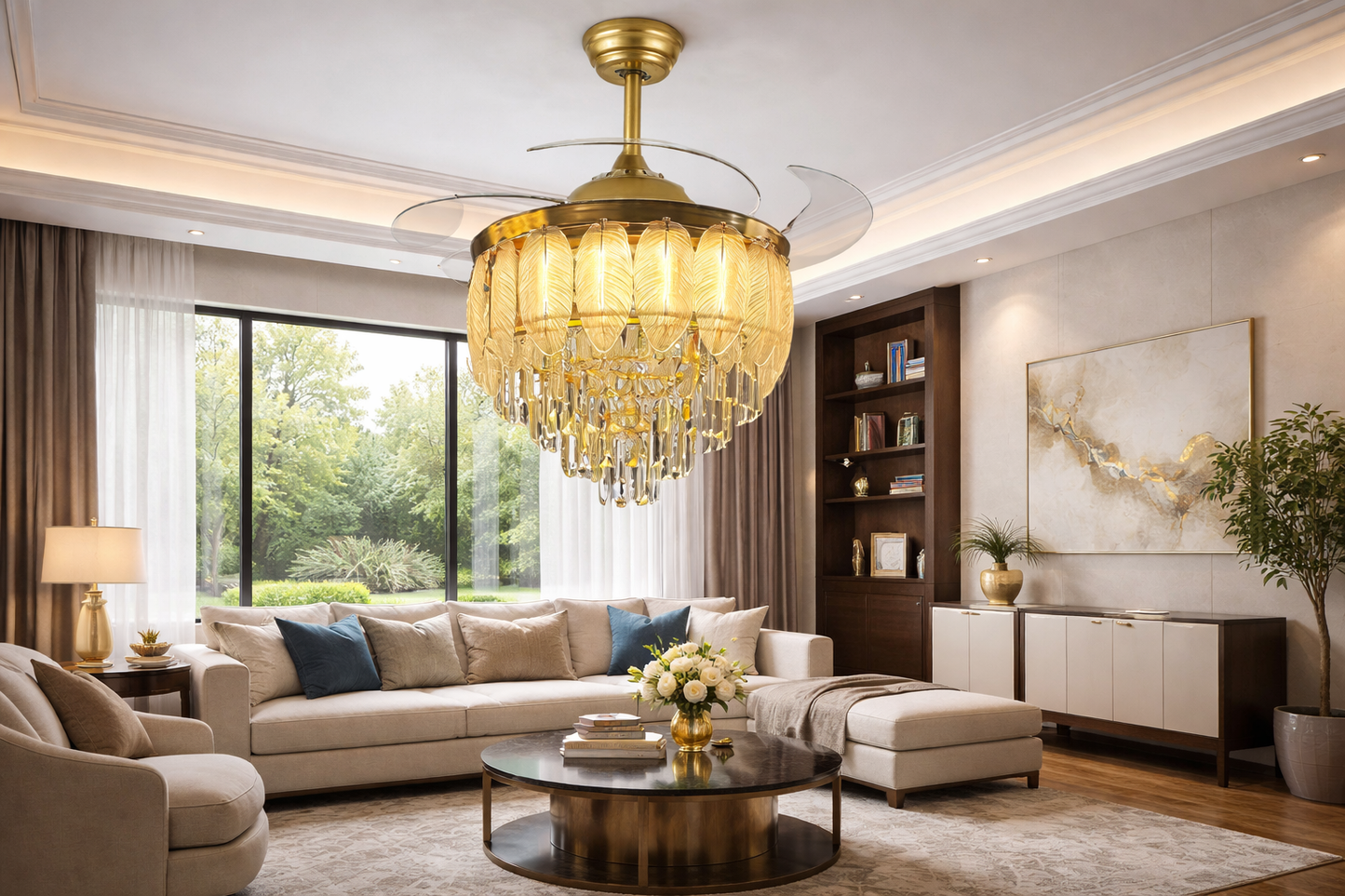 HDC 42 Inches Luxury Crystal Ceiling Fan Chandelier with Leaf Design