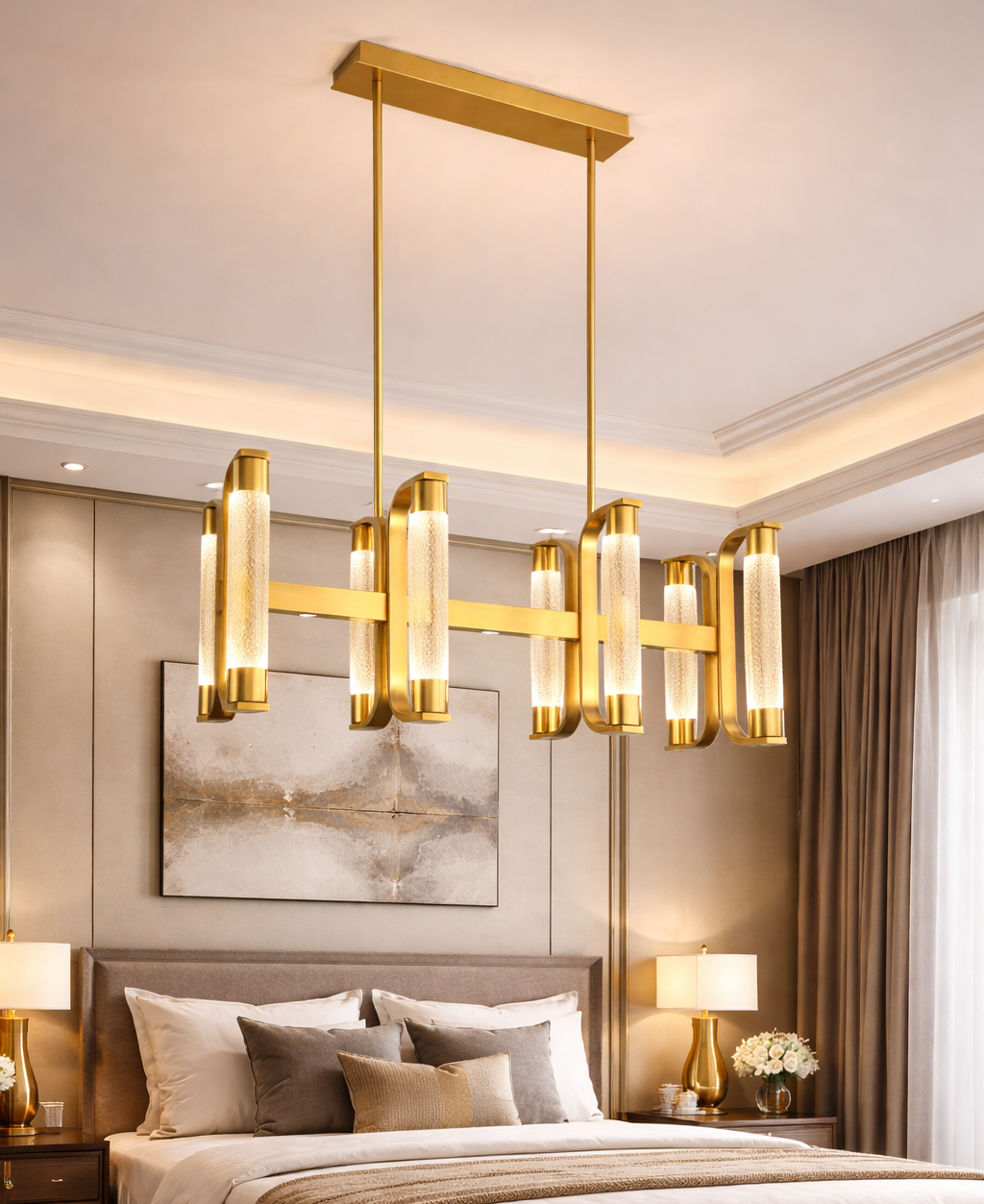 HDC 8 Lights Luxury Linear Gold Crystal Chandelier Light