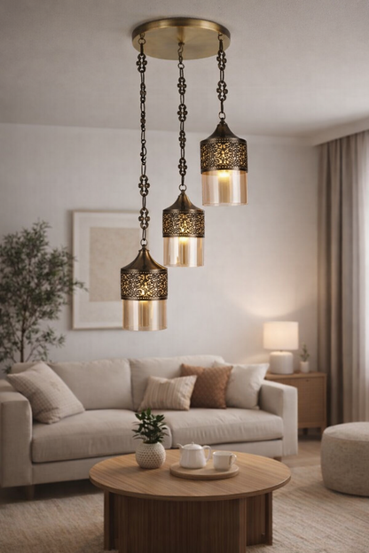 HDC Vintage Antique Brass Hanging Pendant Light with Amber Glass Shade