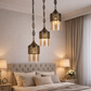 HDC Vintage Antique Brass Hanging Pendant Light with Amber Glass Shade