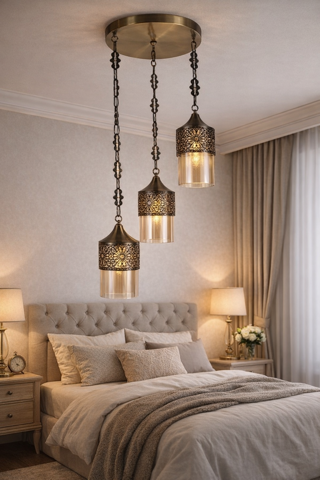 HDC Vintage Antique Brass Hanging Pendant Light with Amber Glass Shade