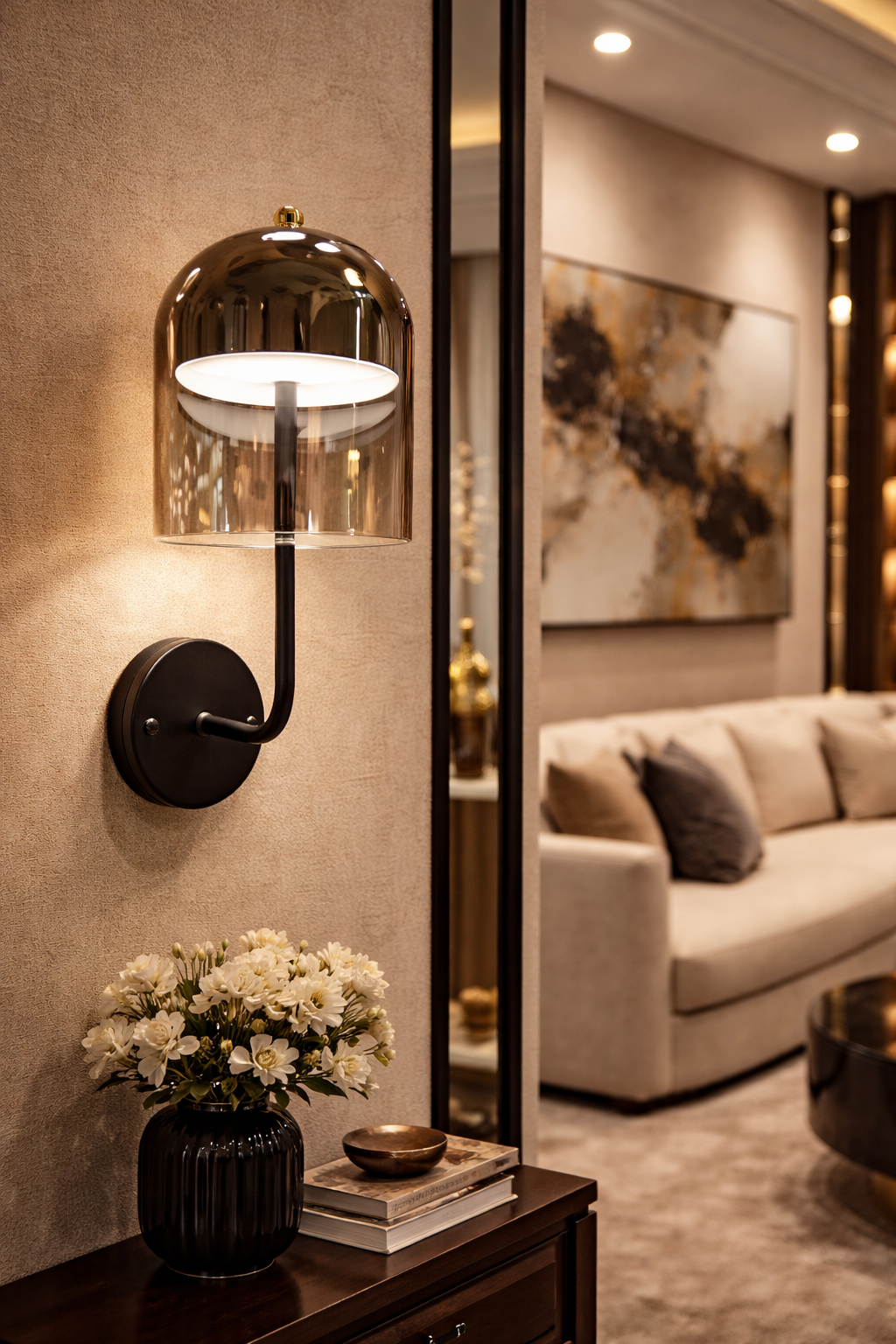 HDC Luxury Umbrella Shaped Amber/Smoke Glass Designer Wall Light For Living Room