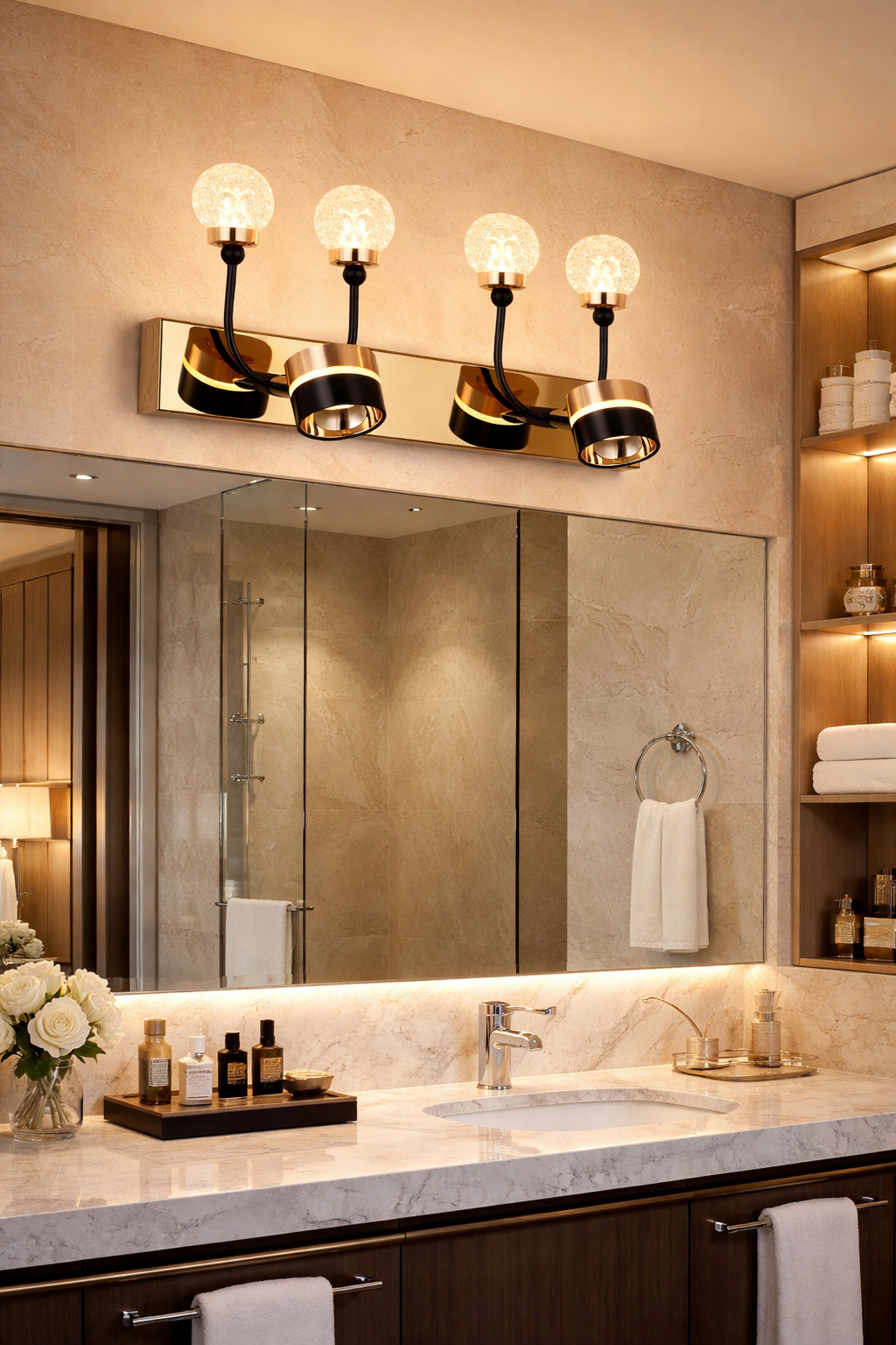 HDC Luxury Black & Rose Gold Dual Globe Mirror Light for Washroom