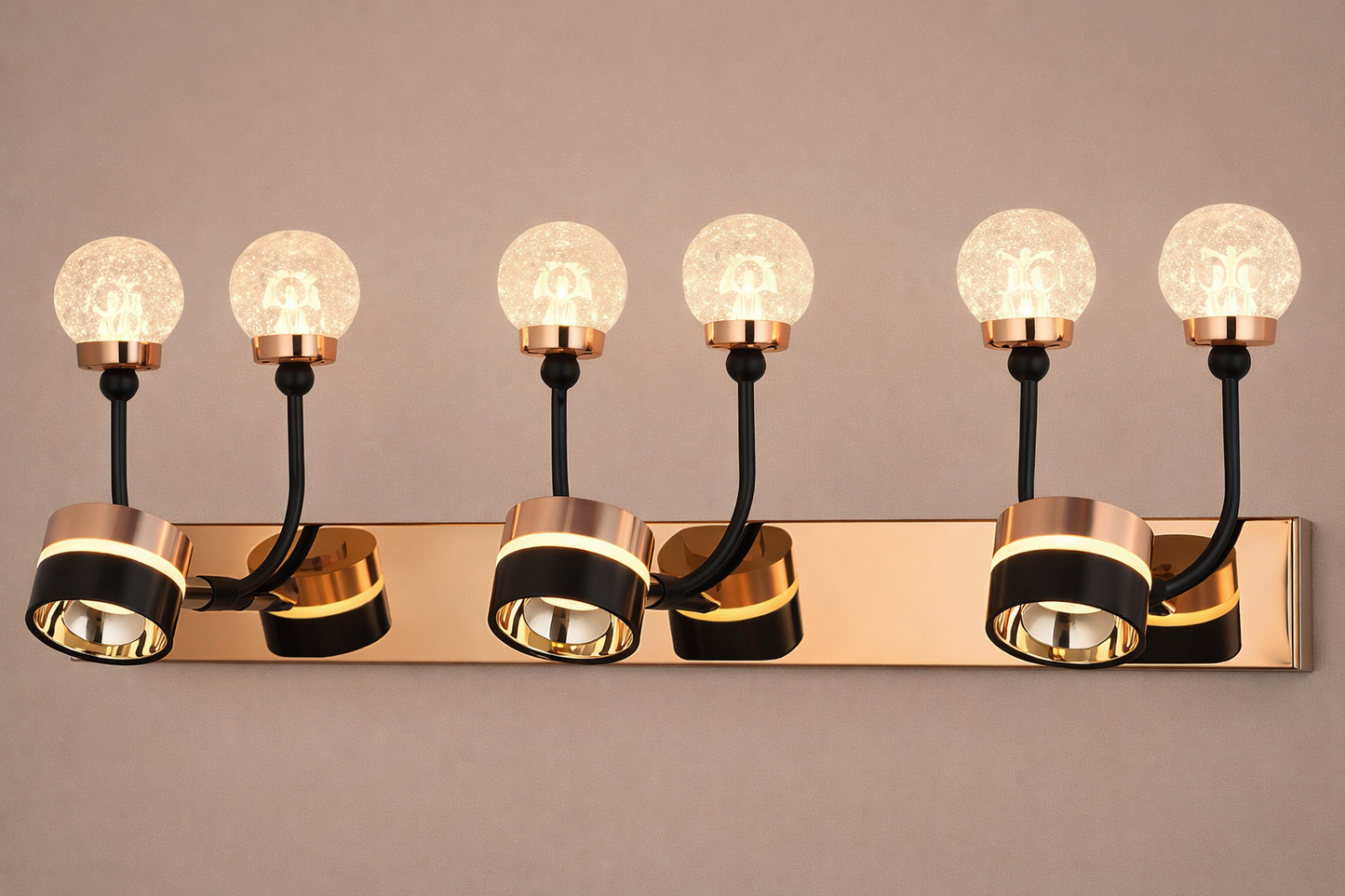 HDC Luxury Black & Rose Gold Dual Globe Mirror Light for Washroom