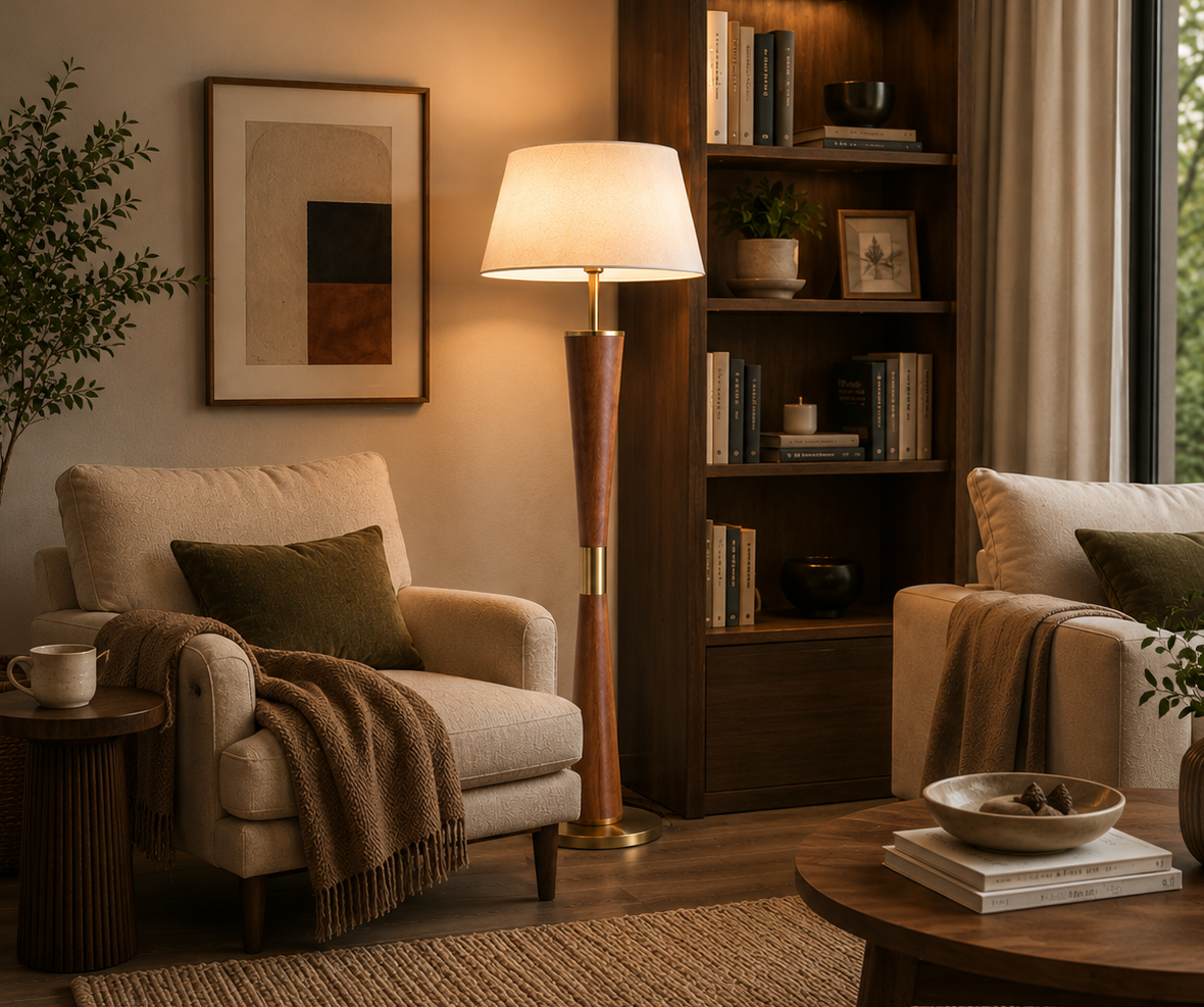 HDC Modern Wooden Finish Floor Lamp with Fabric Shade for Living Room & Bedroom