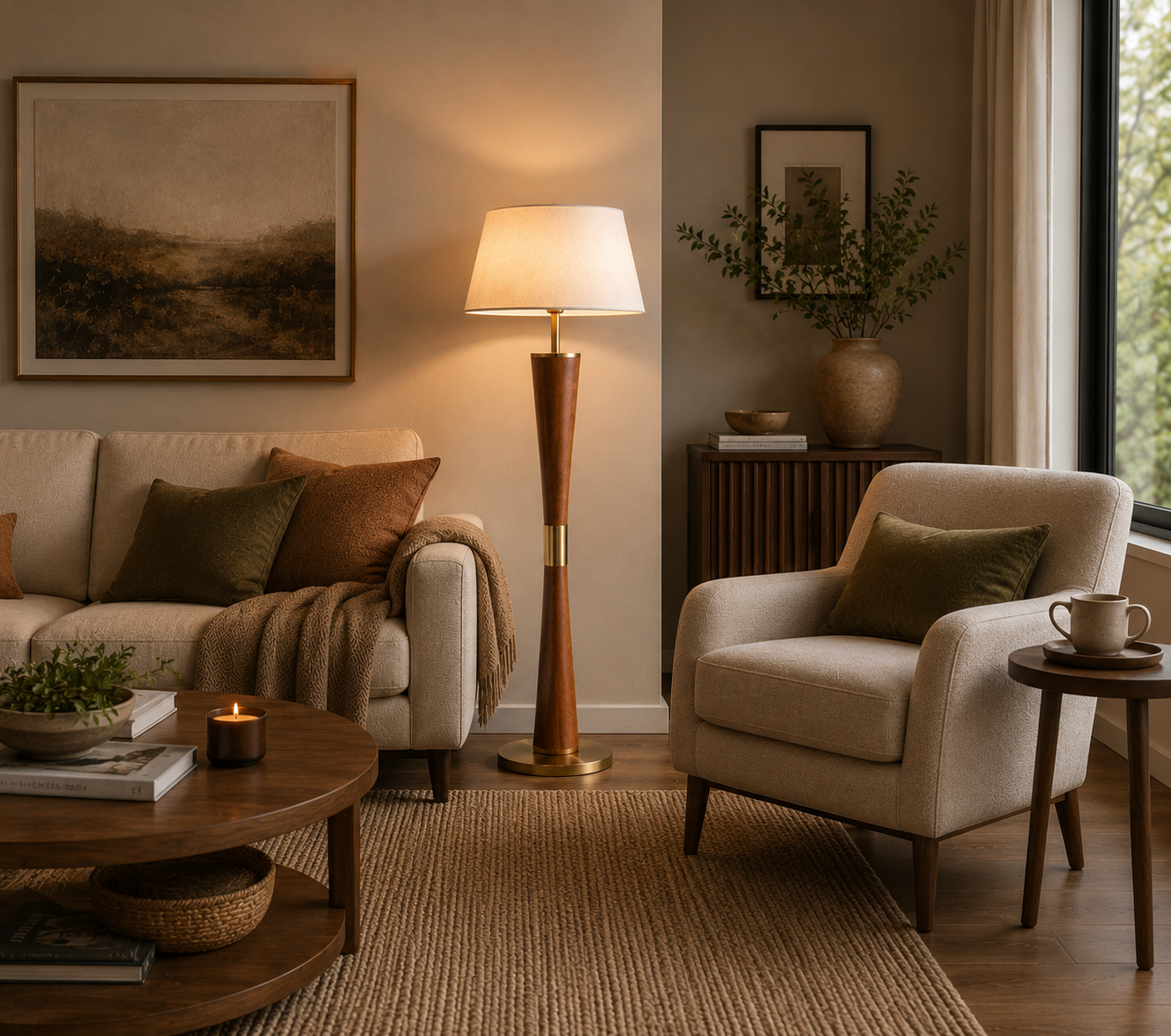 HDC Modern Wooden Finish Floor Lamp with Fabric Shade for Living Room & Bedroom