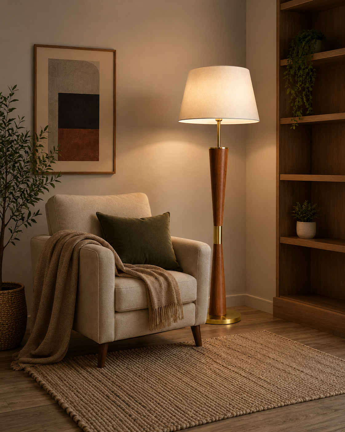 HDC Modern Wooden Finish Floor Lamp with Fabric Shade for Living Room & Bedroom