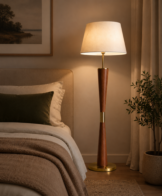 HDC Modern Wooden Floor Lamp with Fabric Shade for Living Room & Bedroom