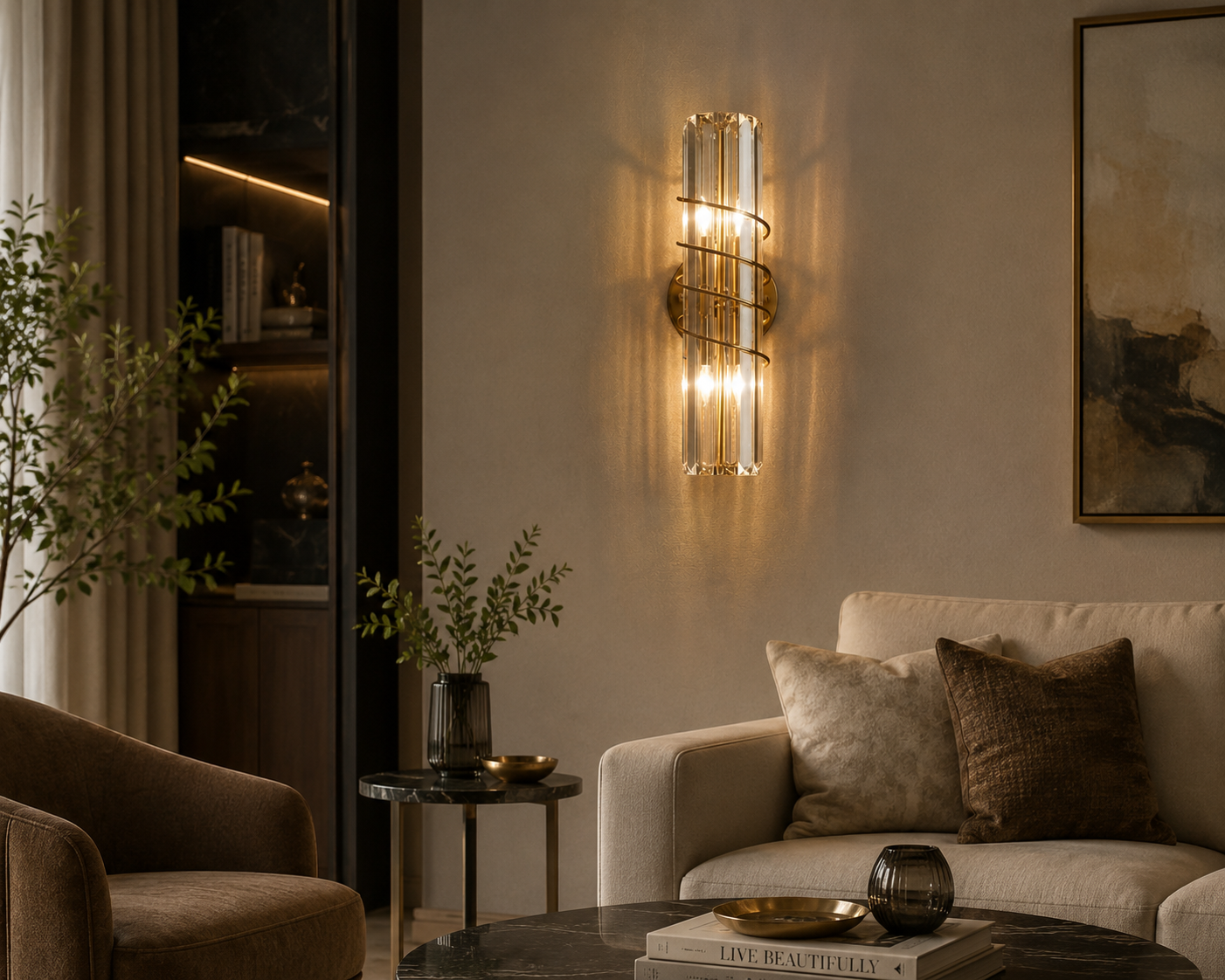 HDC Modern Gold Crystal Spiral Wall Light for Bedroom, Living Room