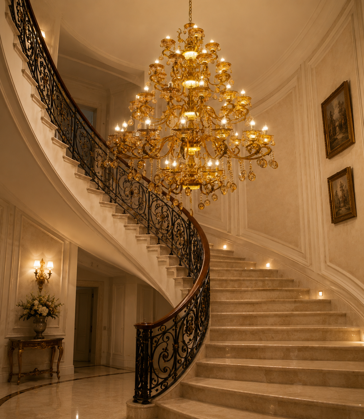 HDC 45 Light Luxury Gold Crystal Multi-Tier Chandelier for Double Height Living Room, Hotel Lobby & Staircase