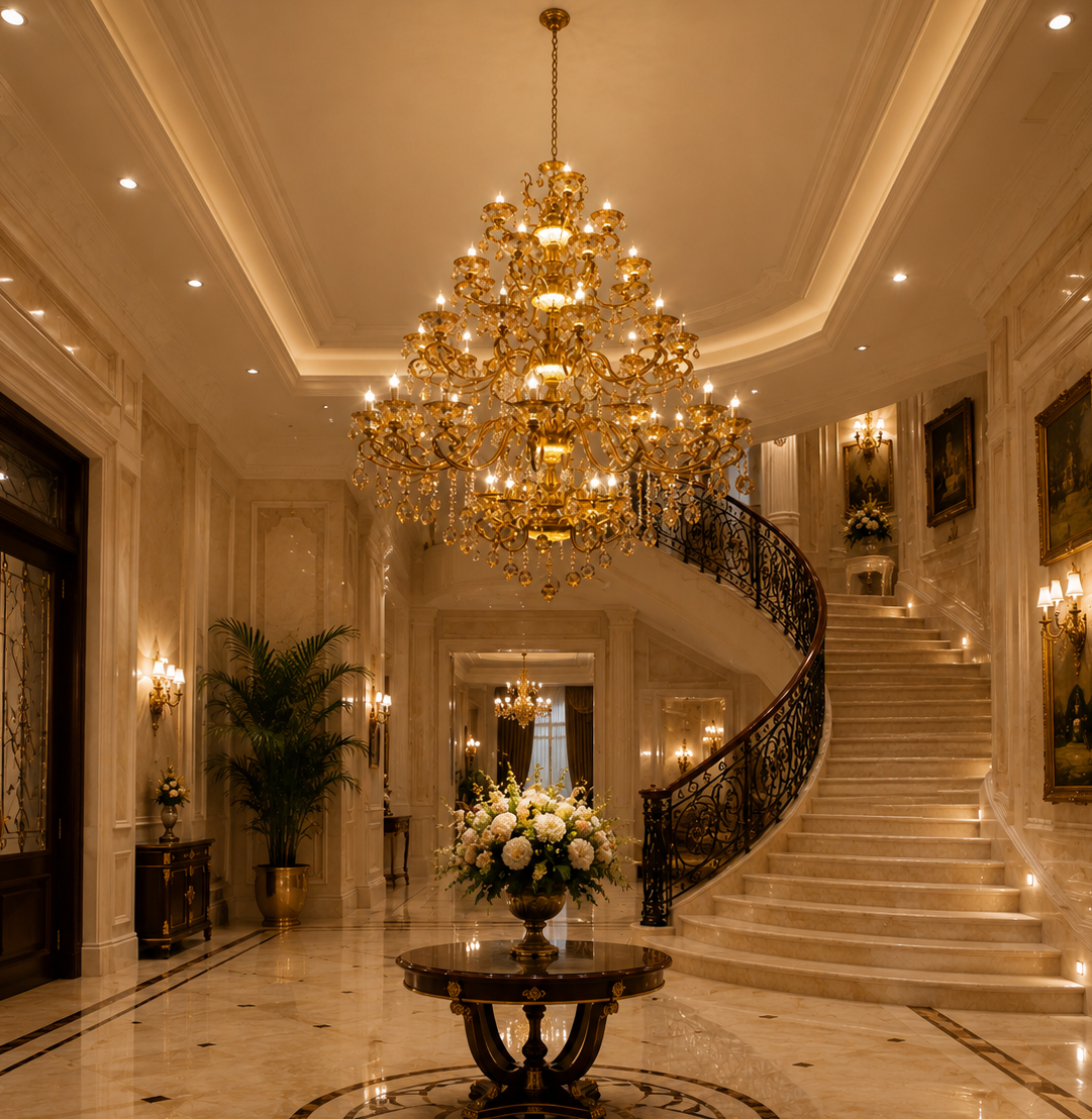 HDC 45 Light Luxury Gold Crystal Multi-Tier Chandelier for Double Height Living Room, Hotel Lobby & Staircase