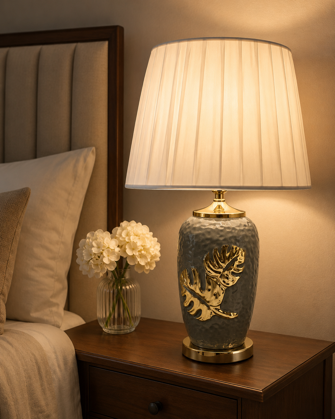 HDC Luxury Leaf Design Table Lamp with Fabric Shade for Bedroom, Living Room