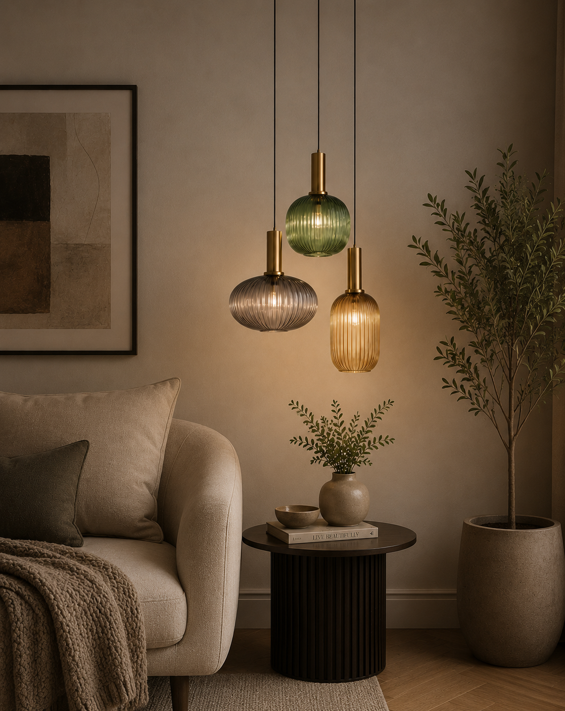 HDC Modern Ribbed Glass Triple Pendant Light for Bedroom, Living Room