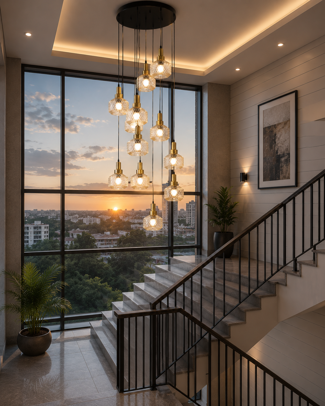 HDC Modern Double Height Crystal Glass Chandelier for Staircase, Duplex & Lobby