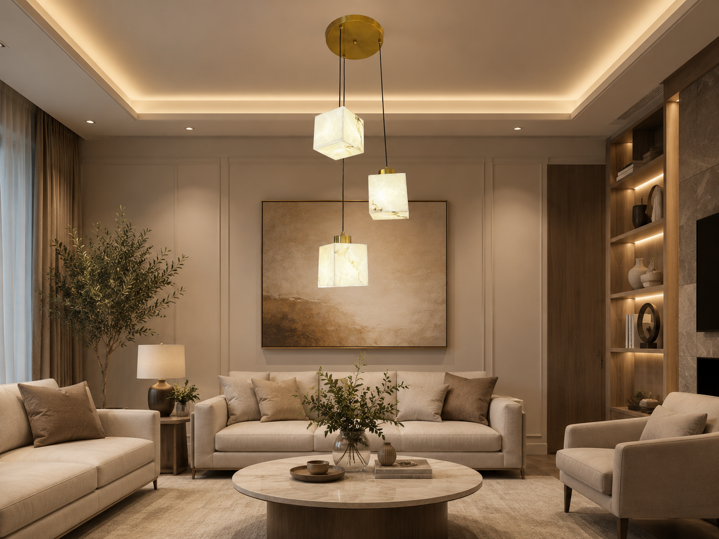 HDC Modern Marble Cube Triple Pendant Hanging Light for Living Room, Dining Area & Staircase