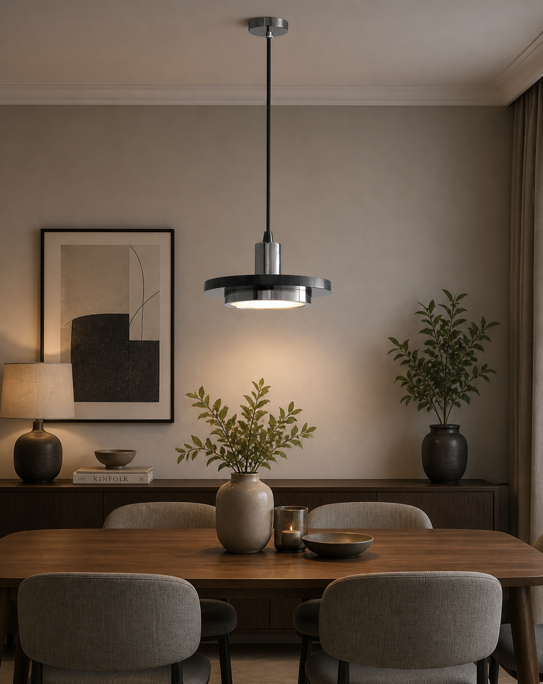 HDC Modern Black & Chrome Dual Ring Pendant Light for Bedroom- Tricolor