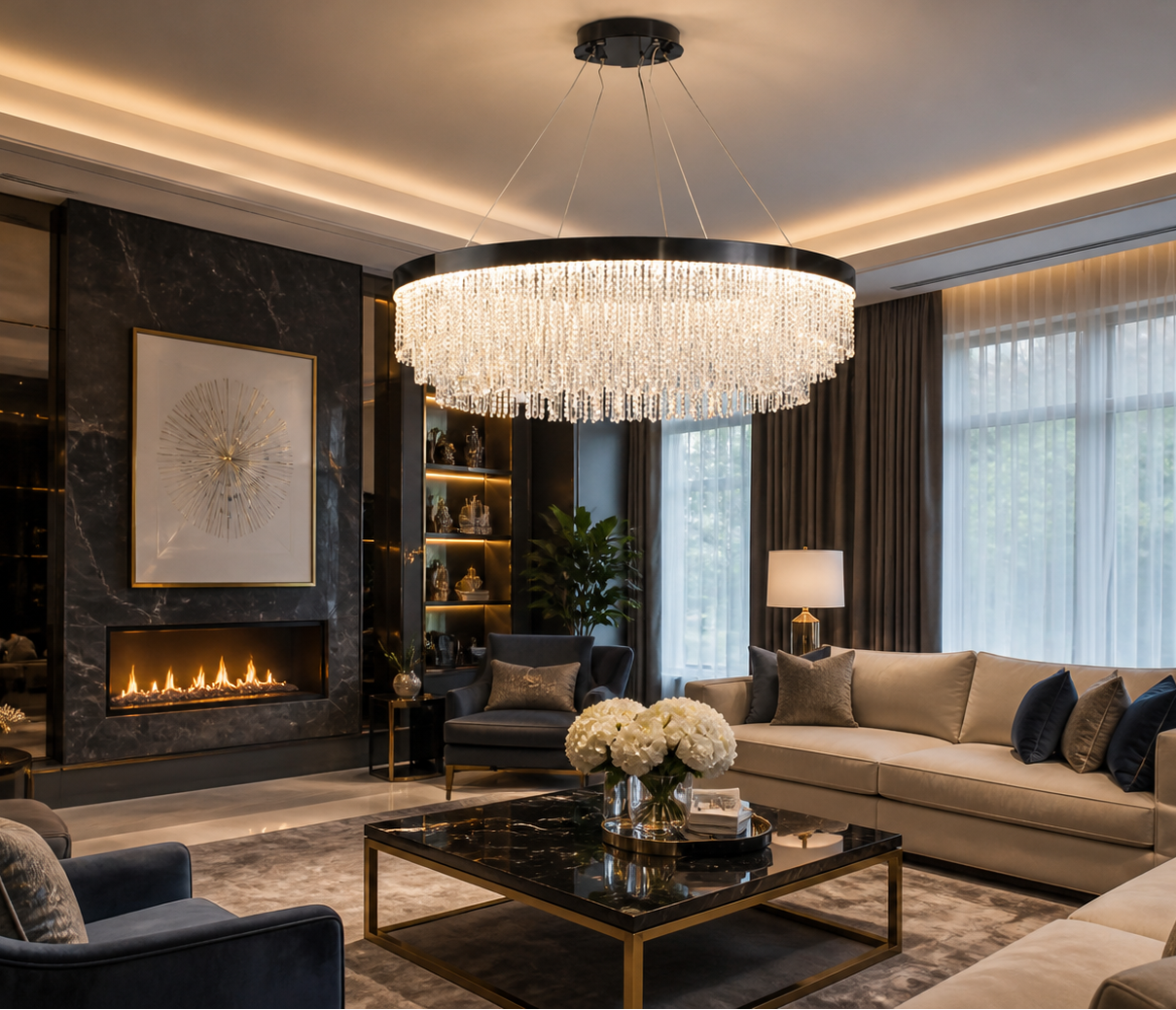 HDC Elegant Crystal Black Ring Chandelier for Bedroom, Living Room